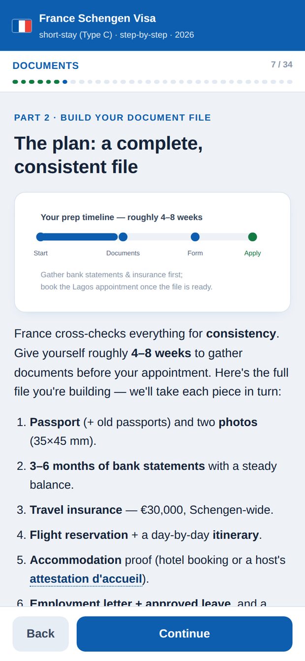 The document checklist inside the walkthrough
